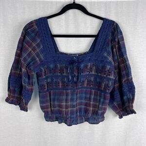 American Eagle Top Embroidered Puff Sleeve Blouse Plaid Academia Poetcore Preppy